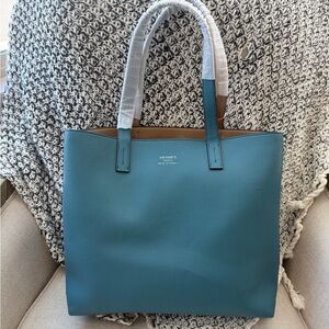 Reversible Blue/Tan Leather Tote Bag with Pouch New!